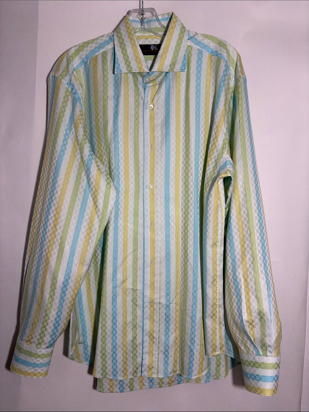 Etro Milano Men's Striped Dress Shirt Light Green & Blue Size 42